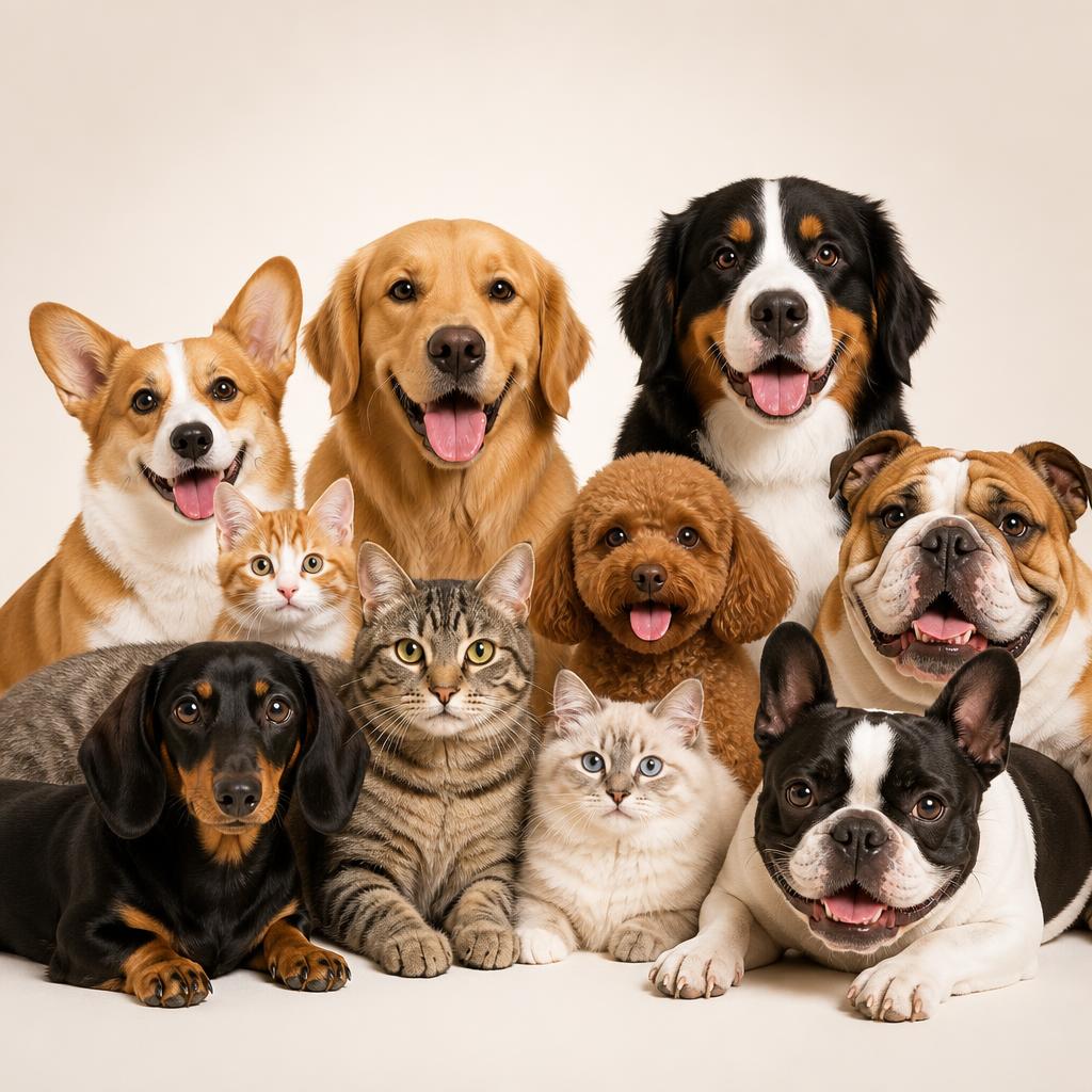 Un grupo de mascotas felices de diferentes razas juntas