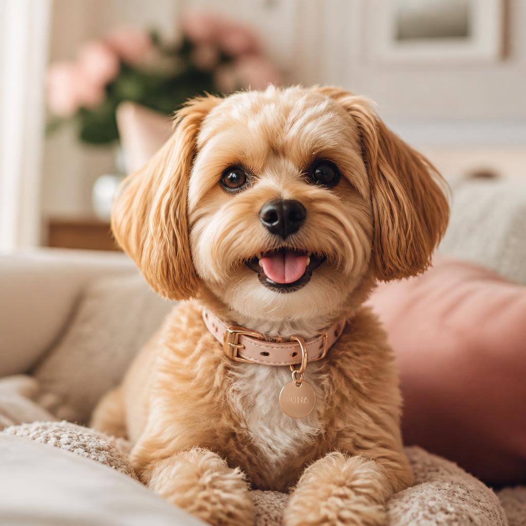 Perro con su collar e identificación en casa